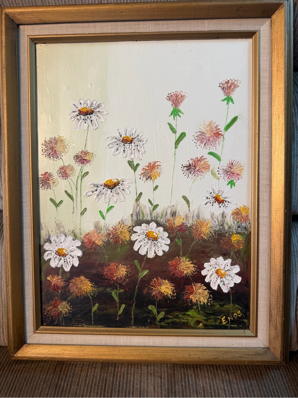 Vintage Fredrix Framed  Floral Oil Painting with White Daisies and Pink Blossom